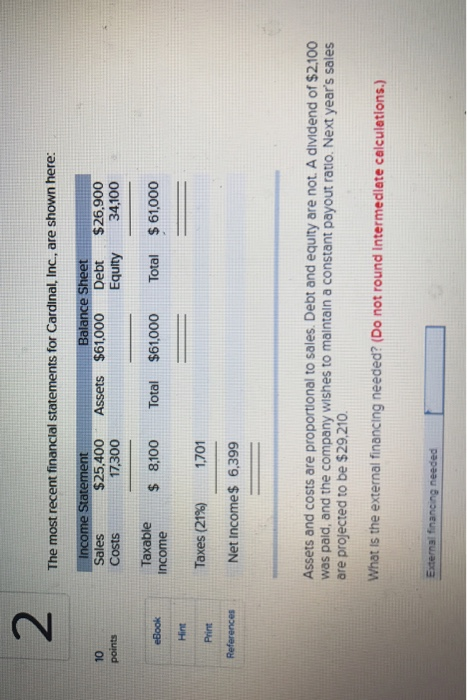 2 The most recent financial statements for Cardinal, Inc, are shown here: 10 points Sales Costs $25,400 Assets $61,000 Debt$26,900 Equity 34,100 17,300 Taxable s $8,100 Total$61,000 Total $61,000 Income Hint Taxes (21%) 1701 Print Net Income$ 6,399 Assets and costs are proportional to sales. Debt and equity are not. A dividend of $2.100 was paid, and the company wishes to maintain a constant payout ratio. Next years sales are projected to be $29,210 What is the external financing needed? (Do not round Intermedlate calculations.)