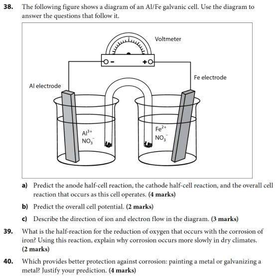 38. The following figure shows a diagram of an Al/Fe galvanic cell. Use the diagram to answer the questions that follow it. V