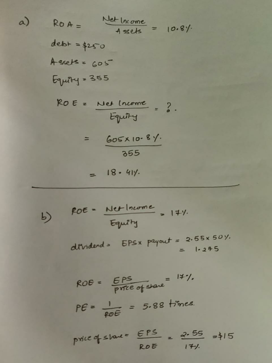 a) Net Income RO A = 10.8. A ssets debt =4250 ASsetsGo buiy355 RoE= Net Incorme Epueity GoSX10- 8. 955 PoE -NetIneome Equtty