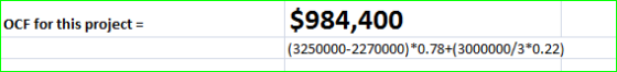 OCF for this project = $984,400 (3250000-2270000) *0.78+(3000000/3*0.22)