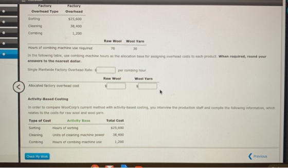 Factory Factory Overhead Type Overhead Sorting $25,600 Cleaning 38,400 Combing 1,200 Raw Wool Wool Yarn Hours of combing mach