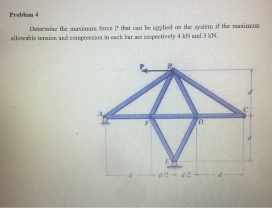 Problem 4 Determine the maximum force P that can be applied on the system if the maximum allowable tension and compression in each bar are respectively 4 kN and 3 kN. d/2 d/2