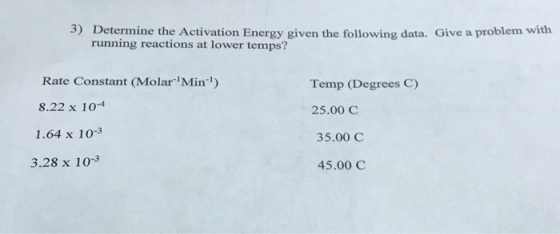 3) Determine the Activation Energy given the following data. Give a problem with running reactions at lower temps? Rate Constant (Molar-1Min.) 8.22 x 10-4 1.64 x 10-3 Temp (Degrees C) 25.00 C 35.00 C 3.28 x 10-3 45.00 C