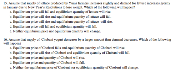 15. Assume that supply of lettuce produced by Yuma farmers increases slightly and demand for lettuce increases greatly in Jan
