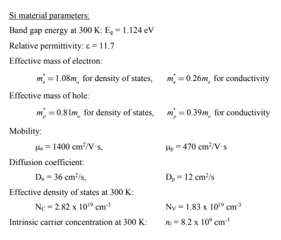 Si material parameters: Band gap energy at 300 K: Eg = 1.124 eV Relative permittivity: x = 11.7 Effective mass of electron: m
