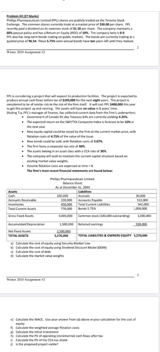 Problem 27 Mark) Philips Pharmaceuticals Limited (PPL) shares are publicly traded on the Toronto Stock Enchone. The common sh