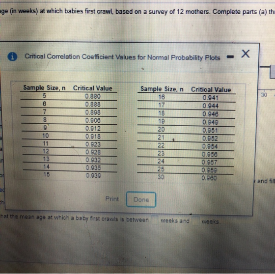 ge (in weeks) at which babies first crawl, based on a survey of 12 mothers. Complete parts (a) th. Critical Correlation coeff
