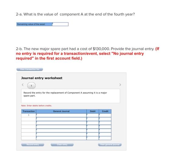 2-a. What is the value of component A at the end of the fourth year? Remaining value of the asset 2-b. The new major spare pa