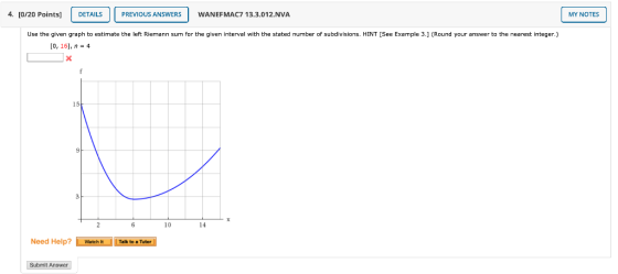4. [0/20 Points] DETAILS PREVIOUS ANSWERS WANEFMAC7 13.3.012.NVA MY NOTES Use the given graph to estimate the left Riemann su
