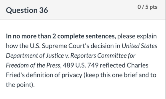 0/5 pts Question 36 In no more than 2 complete sentences, please explain how the U.S. Supreme Courts decision in United Stat