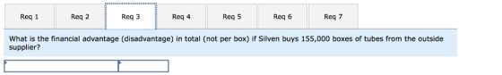 Req 7 Req 5 Req 6 Req 4 Req 3 Req 2 Req 1 What is the financial advantage (disadvantage) in total (not per box) if Silven buy