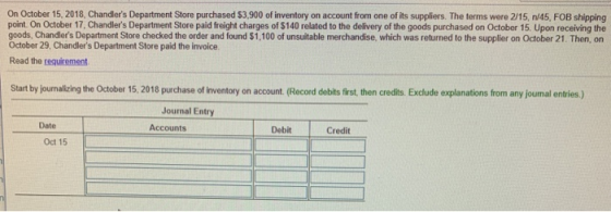 On October 15, 2018, Chandlers Department Store purchased 53,900 of inventory on account from one of its suppliers. The term