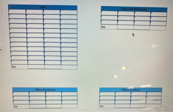 Cash Accounts Recevable Bal. Bal. Office Equipment Office Furniture Bal. Bal