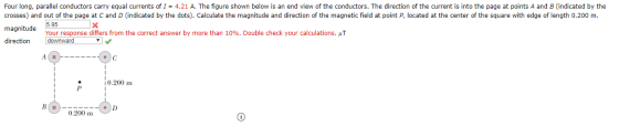 Four long, parallel conductors carry equal currents of I = 4.21 A. The figure shown below is an end view of the conductors. T