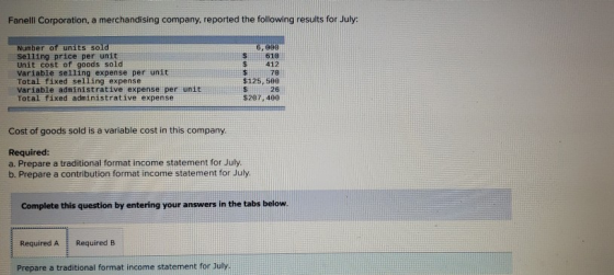 Fanelli Corporation, a merchandising company, reported the following results for July: Number of units sold Selling price per