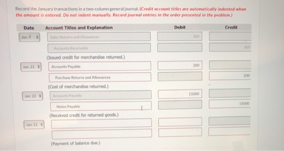 Record the January transactions in a two-column general journal. (Credit account titles are automatically indented when the a