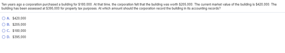 Ten years ago a corporation purchased a building for $180,000. At that time, the corporation felt that the building was worth