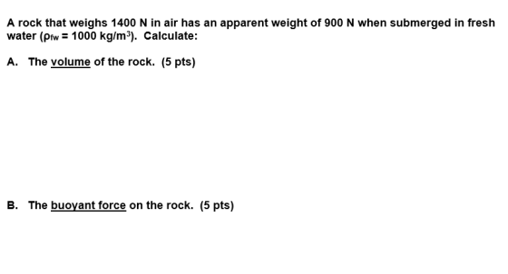 A rock that weighs 1400 N in air has an apparent weight of 900 N when submerged in fresh water (pfw = 1000 kg/m3). Calculate: