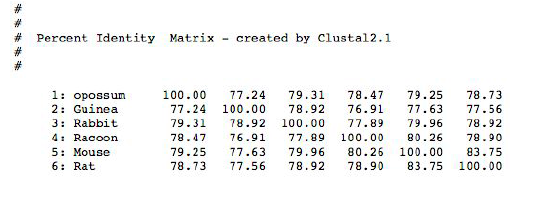 Percent Identity Matrix - created by Clusta12.1 1: opossum 2: Guinea 3: Rabbit 4. Racoon 5: Mouse 6: Rat 100.00 77.24 79.31 7
