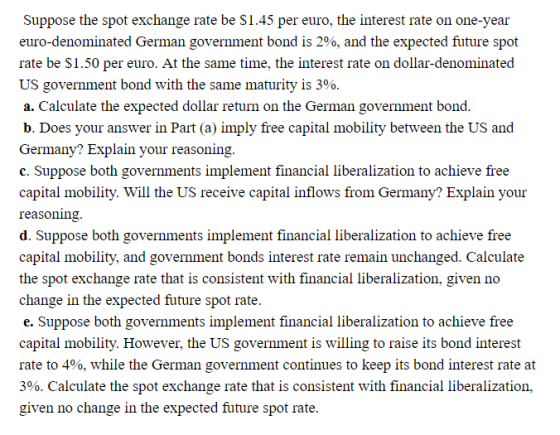 Suppose the spot exchange rate be $1.45 per euro, the interest rate on one-year euro-denominated German government bond is 2%