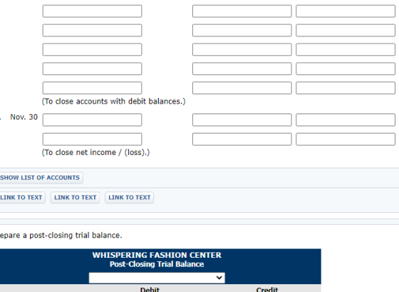 (To close accounts with debit balances.) Nov. 30 (To close net income / (loss).) SHOW LIST OF ACCOUNTS LINK TO TEXT LINK TO T