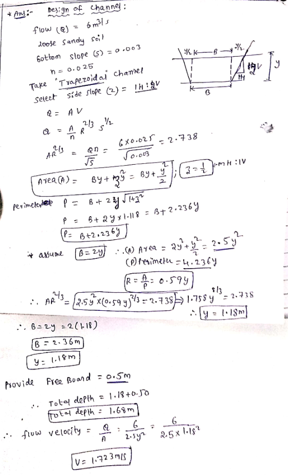 beyign of channel: flow (e) 6m15 looJe Sandy Soih 6ottom slope s - o .oo3 Tare TYapezoid ai chane/ Select side stope ()- H V