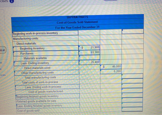 able TAPPAN PARTS Cost of Goods Sold Statement For the Year Ended December 31 Beginning work-in-process inventory Manufacturi