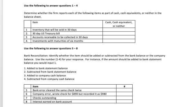 Use the following to answer questions 1 - 4 Determine whether the firm reports each of the following items as part of cash, c
