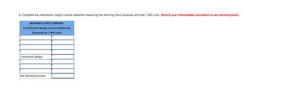2. Complete the contribution margin income statement assuming that Morning Dove produces and sells 1,800 units. (Round your i