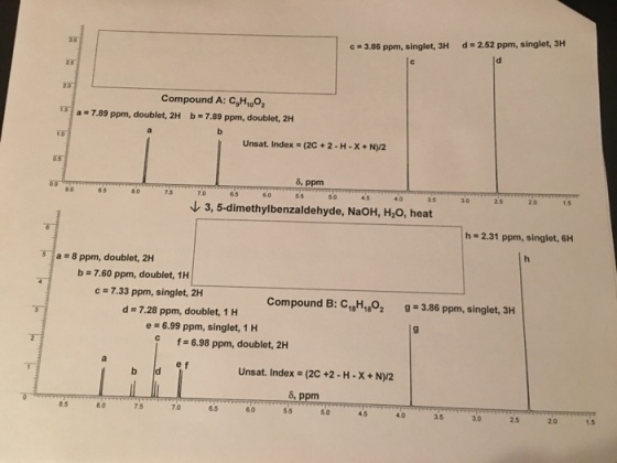 c 3.86 ppm, singlet, 3H d-2.52 ppm, singlet, 3H Compound A: CoH1002 TSI a 7.89 ppm, doublet, 2H b-7.89 ppm, doublet, 2H Unsat. Index- (2C+2-H-X+N)/2 8, ppm 9.0 7.0 60 3.0 2.0 ? 3, 5-dimethylbenzaldehyde, NaOH, H2O, heat h 2.31 ppm, singlet, 6H 3-1 a #8 ppm, doublet, 2H b-7.60 ppm, doublet, 1H c- 7.33 ppm, singlet, 2H Compound B: C1H1O2 g-3.86 ppm, singlet, 3H d-7.28 ppm, doublet, 1 H e 6.99 ppm, singlet, 1H C f 6.98 ppm, doublet, 2H unsat. Index (2C +2-H-X + N)/2 8, ppm 7.5 7.0 6.0 5.0 4.5 4.0 3.5 3.0 2.5 20 1.5