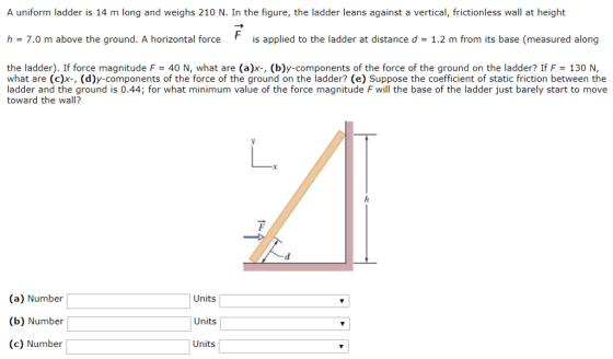A uniform ladder is 14 m long and weighs 210 N. In the figure, the ladder leans against a vertical, frictionless wall at height h = 7.0 m above the ground. A horizontal force r is applied to the ladder at distance d = 1.2 m from its base (measured along the ladder). If force magnitude F = 40 N, what are (a)-, (b)y-components of the force of the ground on the ladder? If F 130 N, what are (c)x-, (d)y-components of the force of the ground on the ladder? (e) Suppose the coefficient of static friction between the ladder and the ground is 0.44; for what minimum value of the force magnitude F will the base of the ladder just barely start to move toward the wall? (a) Number (b) Number (c) Number Units Units Units
