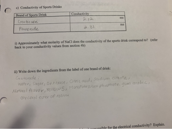 c) Conductivity of Sports Drinks Conductivity Brand of Sports Drink 2.12 Gatorade ms Powerade ms a.81 i) Approximately what m