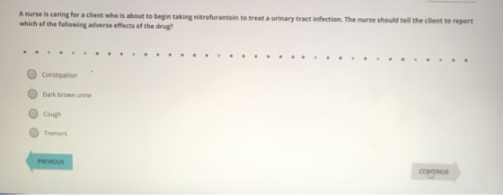 A nurse is caring for a client who is about to begin taking nitrofurantoin to treat a urinary tract infection. The nurse shou