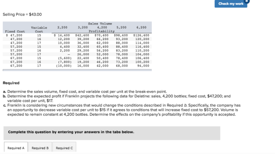 Check my work Selling Price $43.00 Sales Volume 2,200 3,200 Variable Cost 15 16 17 15 16 17 15 16 17 4,200 Profitability $ 14,400 42,400 $70,400 $98,400 $126,400 66,200 10,000 36, 000 62,000 88,000 114,000 60,400 56,200 52,000 (5,600) 22,400 50,400 78,400 106,400 (7,800) 19,200 46,200 73,200 100,200 5,200 6,200 Fixed Cost 47,200 47,200 47,200 57,200 57,200 57,200 67,200 67,200 67,200 12,200 39,200 93,200 120,200 4,400 2,200 32,400 29,200 -26,000 88,400 83,200 78,000 116,400 110,200 104,000 (10,000) 16,000 42,000 68,000 0 90 94,000 Required a. Determine the sales volume, fixed cost, and variable cost per unit at the break-even point. b. Determine the expected profit if Franklin projects the following data for Delatine: sales, 4,200 bottles; fixed cost, $47,200; and variable cost per unit, $17, c. Franklin is considering new circumstances that would change the conditions described in Required b. Specifically, the company has an opportunity to decrease variable cost per unit to $15 if it agrees to conditions that will increase fixed cost to $57,200. Volume is expected to remain constant at 4,200 bottles. Determine the effects on the companys profitability if this opportunity is accepted Complete this question by entering your answers in the tabs below RequiredA Required B Required C
