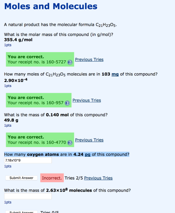 Moles and Molecules A natural product has the molecular formula C21H2305 What is the molar mass of this compound (in g/mol)?
