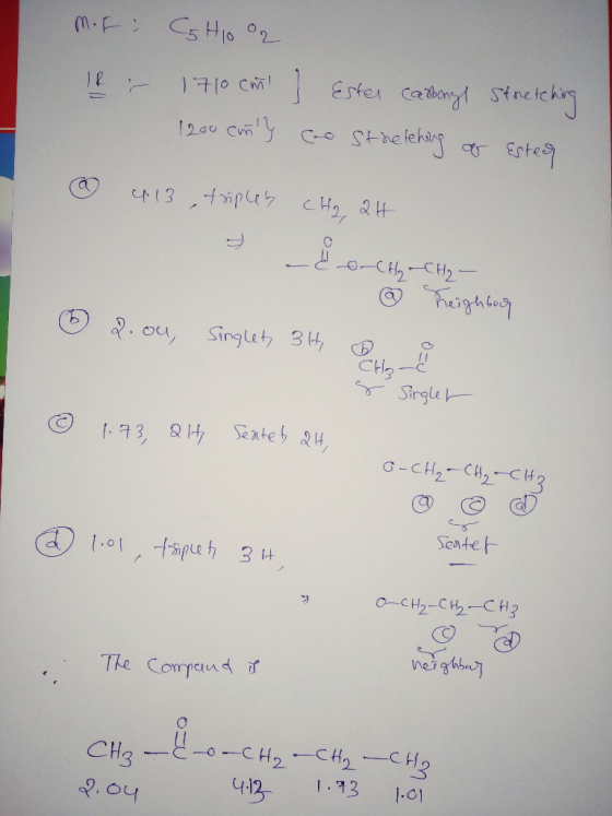 mir: CG Hoo2 IR & 1710 cm ] Ester carbonyl Stretching 1200 cmy co Strelching of Ester ② 413, triples (H₂, QH 6 2.ou, -do-CH₂