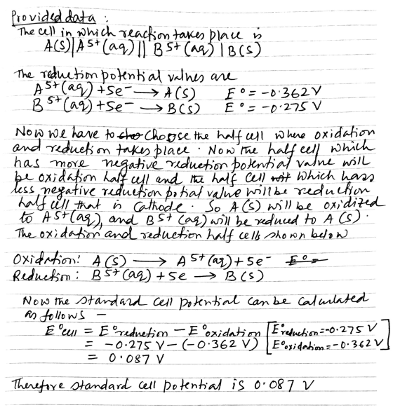 which Provided data The cell in which reaction takes place & A(S) À S+ (aq)]] BS+ (aq) 18() The reduction potential values ar