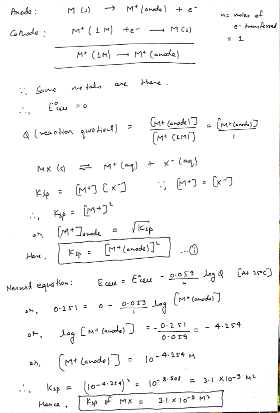 Anode: M (s) → Mt (anodel te M+ (1 m) Cathode: te- na holes of - en transferred = 1 - MCs) M+ (1M) - Mt (anode) there. i same