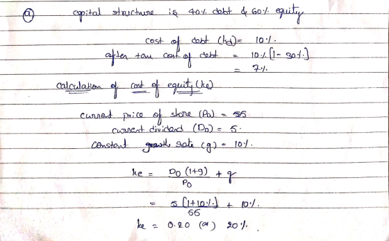 0 copital structure is 40% debt & 60% equity - cost of cebt (d)= 10%. - aften tan cost of debt - 10.1 (1 - 30./.] a 7 calcula