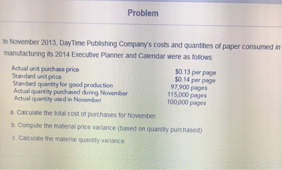 Problem In November 2013, DayTime Publishing Companys costs and quantities of paper consumed in manufacturing its 2014 Execu