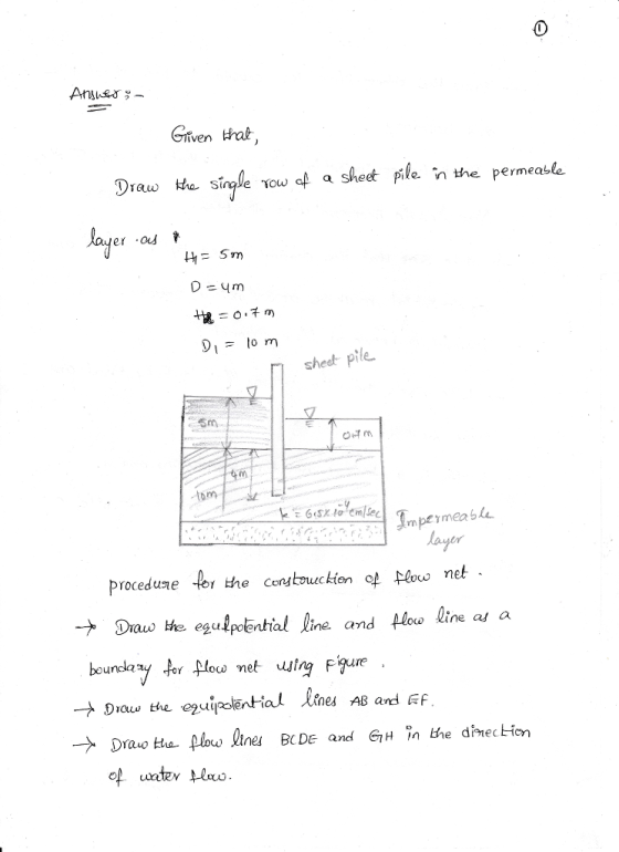 0 Answer Given tra Drauo te single ow c a sheet pile in the permeable er ou - lo m sheet pile procedune - Draw be, egu poential line and μο ω line as a Dia the uipotential Lines AB and F