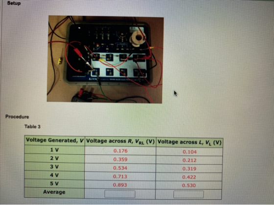 Setup Procedure Table 3 Voltage Generated, v Voltage across R, VRL (V) Voltage across L, V. (V) 1 V 0.176 0.104 2 V 0.359 0.2