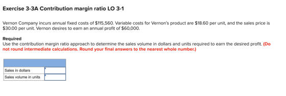 Exercise 3-3A Contribution margin ratio LO 3-1 Vernon Company incurs annual fixed costs of $115,560. Variable costs for Verno