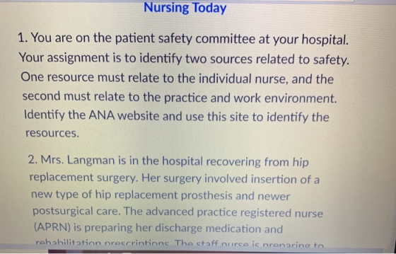 Nursing Today 1. You are on the patient safety committee at your hospital Your assignment is to identify two sources related