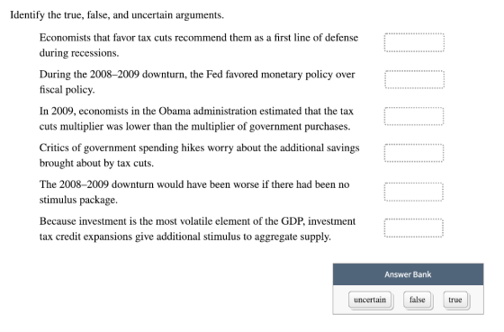Identify the true, false, and uncertain arguments. Economists that favor tax cuts recommend them as a first line of defense during recessions. During the 2008-2009 downturn, the Fed favored monetary policy over fiscal policy In 2009, economists in the Obama administration estimated that the tax cuts multiplier was lower than the multiplier of government purchases Critics of government spending hikes worry about the additional savings brought about by tax cuts The 2008-2009 downturn would have been worse if there had been no stimulus package Because investment is the most volatile element of the GDP, investment tax credit expansions give additional stimulus to aggregate supply. Answer Bank falsetrue uncertain