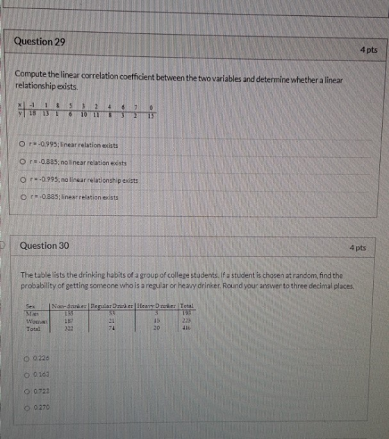 Question 29 4 pts Compute the linear correlation coefficient between the two variables and determine whether a linear relatio