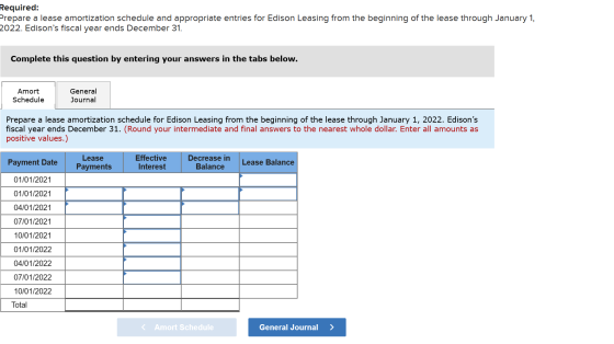 Required: Prepare a lease amortization schedule and appropriate entries for Edison Leasing from the beginning of the lease th