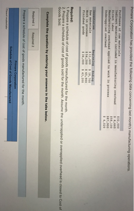 Primare Corporation has provided the following data concerning last months manufacturing operations. Purchases of raw materi