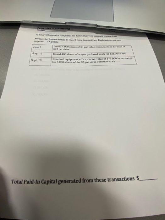 1) Smart Electronics completed the following stock imance tractions Prepare the journal entries to record these transactions.