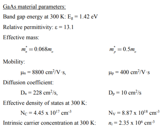 GaAs material parameters: Band gap energy at 300 K: Eg = 1.42 eV Relative permittivity: x = 13.1 Effective mass: m = 0.068m m